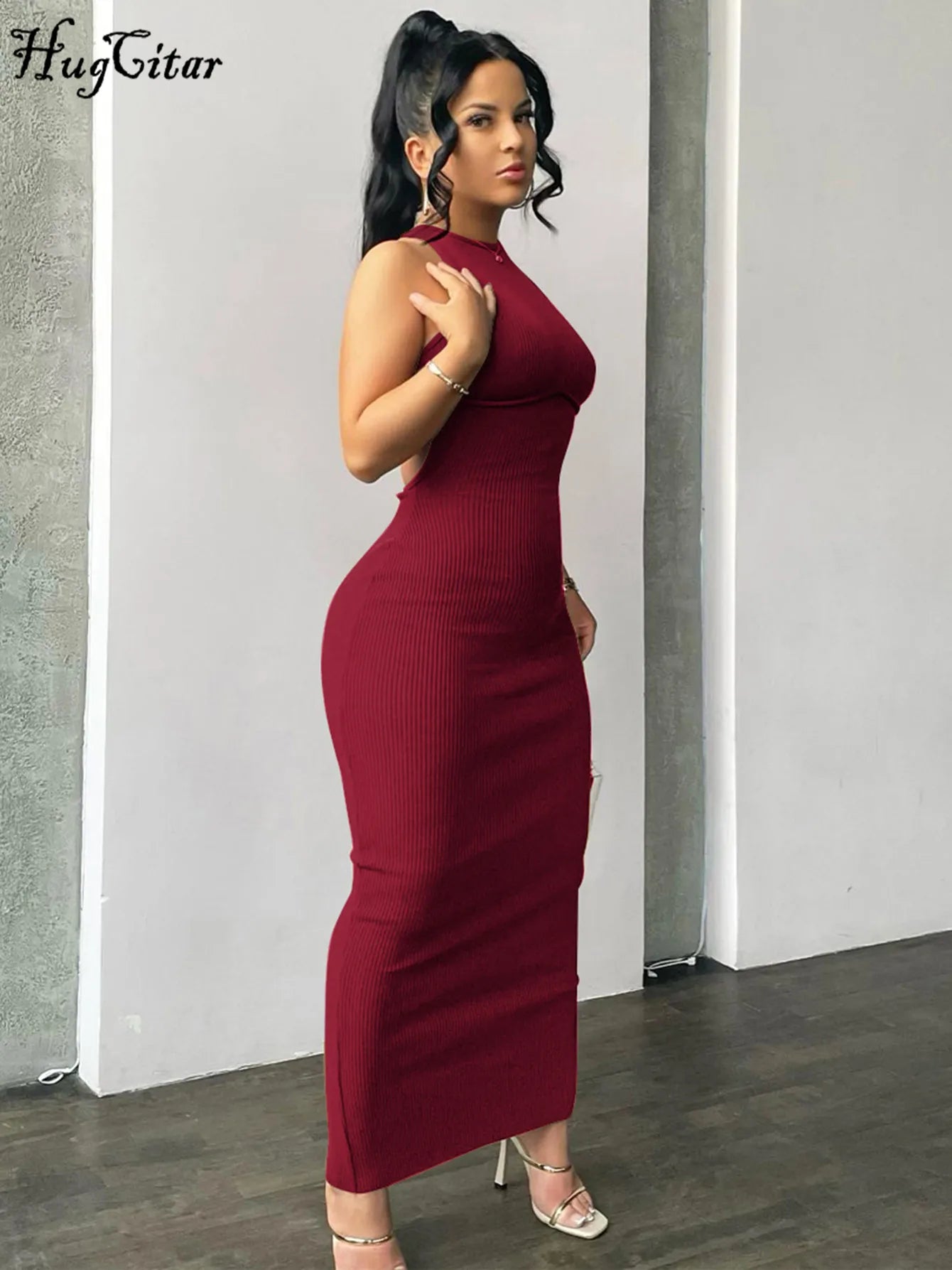 Ribbed Solid Hollow Out Backless Sleeveless Sexy Slit Mini Dress Bodycon 2025 Spring Women Outfits Elegant Party Y2K